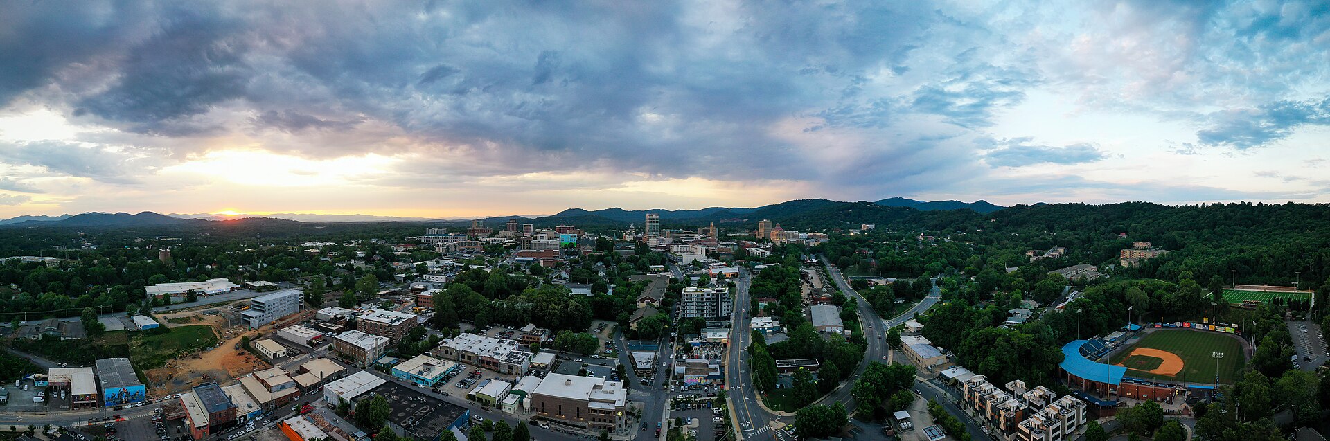Downtown Asheville aerial at sunset